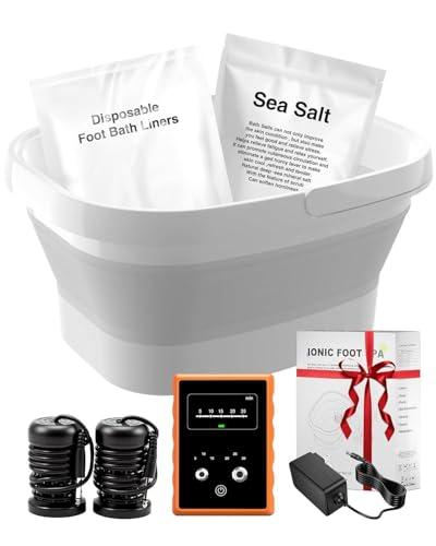 Ionic Foot Bath Detox Machine,Foot Detox Foot Bath Soak Tub with 2 Arrays,80 Disposable Foot Bath Liners,Detox Sea Salt,Folding Foot Spa Bin,Home Salon-Level Foot Soaking Tub
