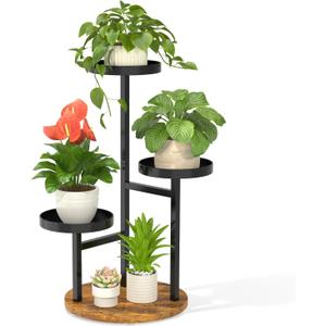 LASZOLA 3 Tier Metal Plant Stand for Indoor Corner, Heavy Duty Wooden Flower Holder Rack for Mutiple Plants, Planter Display Shelf for Patio Garden Balcony Living Room, Black