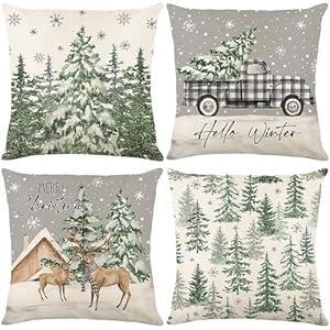 Ni-JASW Christmas Throw Pillow Covers 18x18 inch Set of 4, Snowflakes Truck Deer Forest Tree Winter Xmas Pillow Cases for Couch Sofa Holiday Decor