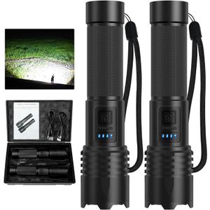 LED Flashlights High Lumens Rechargeable, 90000 Lumens Super Bright Flash Light Brightest Flashlight, 3 Modes IPX7 Waterproof, High Powered Tactical Flashlights for Camping Emergencies (2 Pack) (Black)