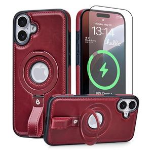 Butaiga for iPhone 16 Plus Leather Case with Stand, Anti-Slip Grip Ring, Fits for MagSafe (Burgundy, iPhone 16 Plus)