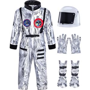 Cuffbow 4 Pcs Astronaut Costume Kids for Halloween, Space Helmet Jumpsuit Gloves Shoe Covers Set for Child Teen Boys (10-12 Years, Silver)
