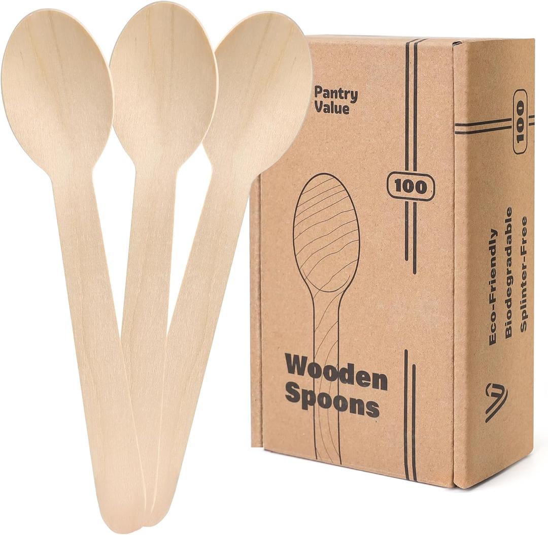Pantry Value [100 Count] Wooden Spoons Disposable, Splinter-free Biodegradable Spoons, Eco-friendly, Compostable Utensils for Outdoors, Parties, and events