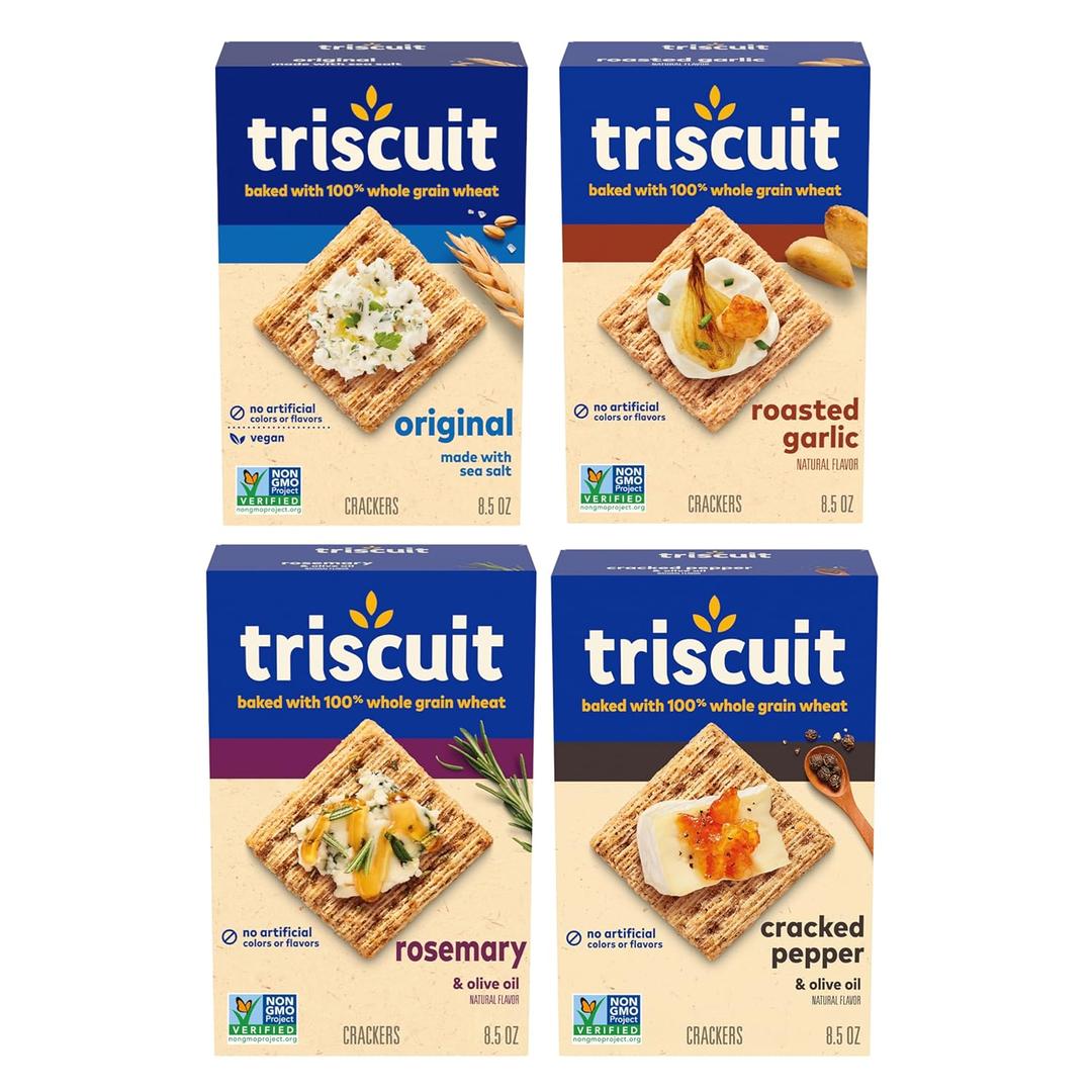 Triscuit Whole Grain Wheat Crackers 4 Flavor Variety Pack, Lunch Snacks, Bulk Snack Crackers, 4 Boxes BB 9/23/25
