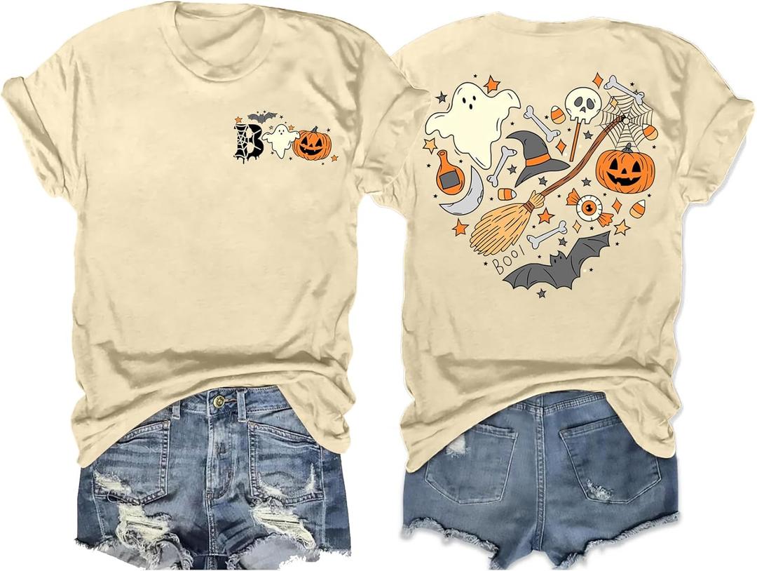 Halloween Shirts Women Fall Pumpkin Tshirt Ghost T Shirt Skeleton Tops Casual V Neck Short Sleeve Tees (Yellow, XL)