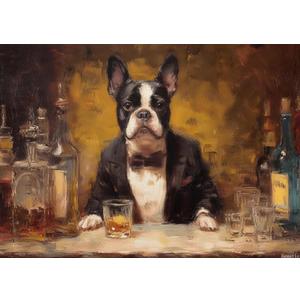 1000 Pieces Wooden Puzzle for Adults Boston Terrier in Tuxedo, Vintage Oil Painting Dog Bar Scene 20x28in