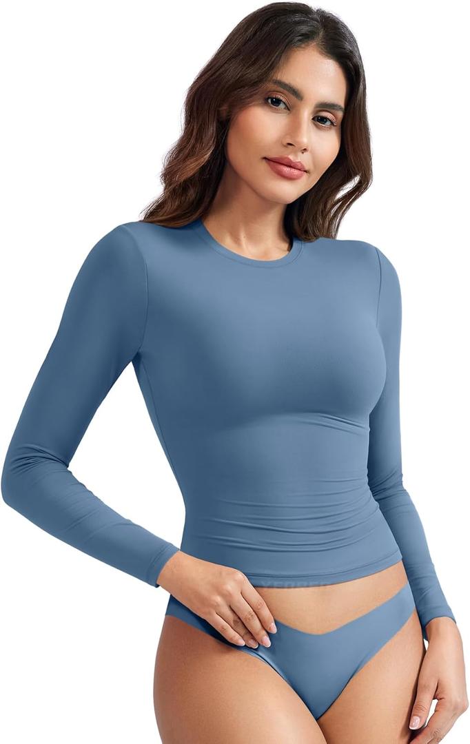 YEOREO Long Sleeve Shirts for Women y2k Tops Double Lined Basic Tee Crew Neck Going Out Sweeney Workout Undershirt (X-Small, Haze Blue)