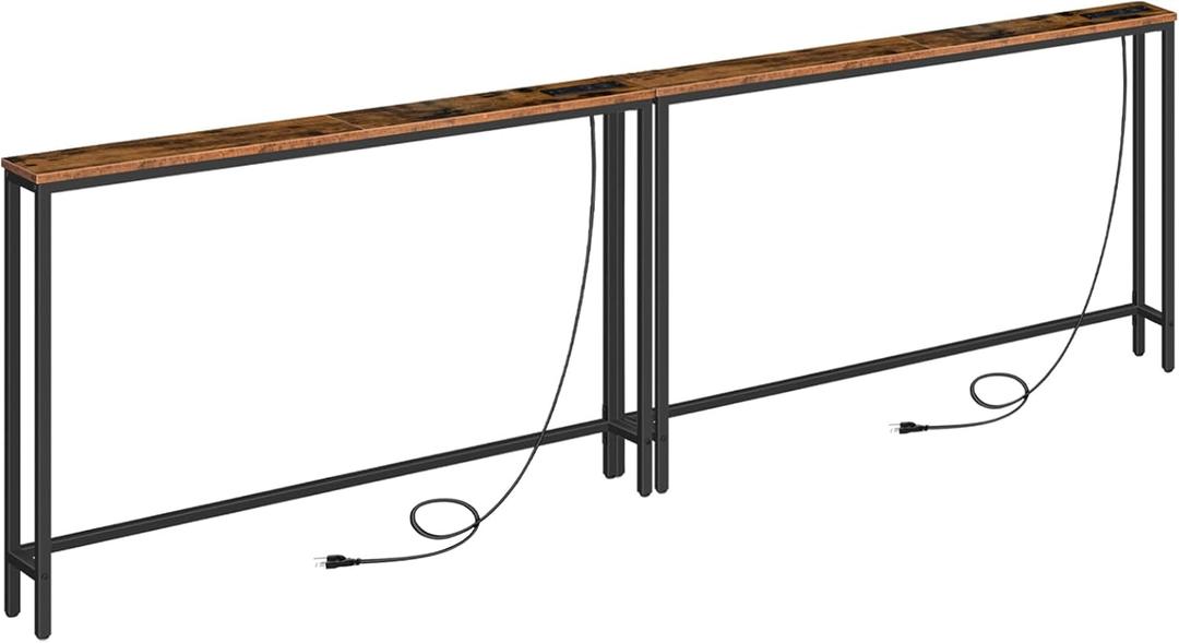 HOOBRO 2 Pack 5.9" Narrow Console Sofa Table with Power Outlets, 47.2" Long Behind Couch Table with Charging Station, Skinny Sofa Table for Living Room, Foyer, Rustic Brown BF15XGP201G1, 47.2”L x 5.9”W x 31.3”H