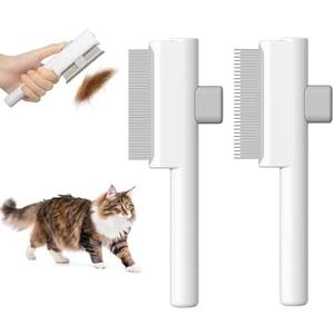 Marchul 2 Pcs Pet Comb Flea Comb Set for Cats Dogs, Cat Grooming Brush with Release Button and Stainless Steel Round Teeth, Self-Cleaning Dog Combs for Removing Pet Hair, Knots & Loose Fur, White