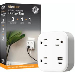 GE UltraPro 3-Outlet Surge Protector, Outlet Extendor with USB, Wall Tap, 1 USB-A, 1 USB-C, Adapter Spaced, for Home or Office, 900 Joules, Charging Station, White - 81787
