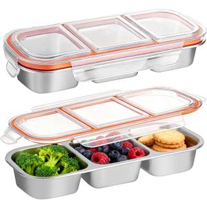 2 Pack 3 Compartment Stainless Steel Snack Containers, Leak Proof Metal Bento Lunch Box with Lid, Reusable Stainless Steel Lunch Meal Prep Containers for Work, Travel, Picnic