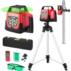 VEVOR Rotary Laser Level Kit, 2000ft 360-Degree Self Leveling Green Horizontal Laser Transit,with Tripod,Receiver,Remote Control, Scale, Toolcase, IP66 Rating Waterproof, 0.80in/100ft for Construction