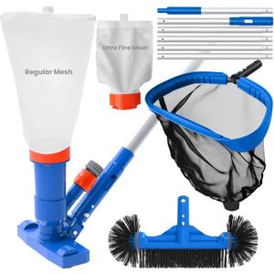 Poolvio Pool Cleaning Kit with Spa Jet Vacuum Cleaner, 8-Foot Pole, Leaf Rake Net & Round Brush for Inflatable and Above-Ground Pools