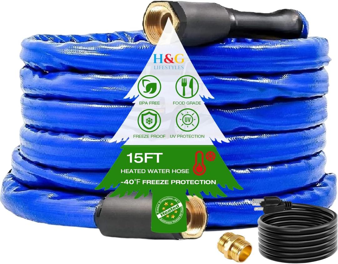 H&G Lifestyles 15ft Heated Water Hose for RV,5/8" Inner Diameter Water Hose Heater for RV Camper, Freeze Protection Under -40,Heating Garden Hose 3/4 GHT