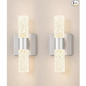 Brushed Nickel Wall Sconces Set of 2, LED Bathroom Vanity Light Fixtures, Hardwired Crystal Sconces Wall Lighting Over Mirror, LED Wall Mount Lights for Bedroom Hallway Indoor, 10W