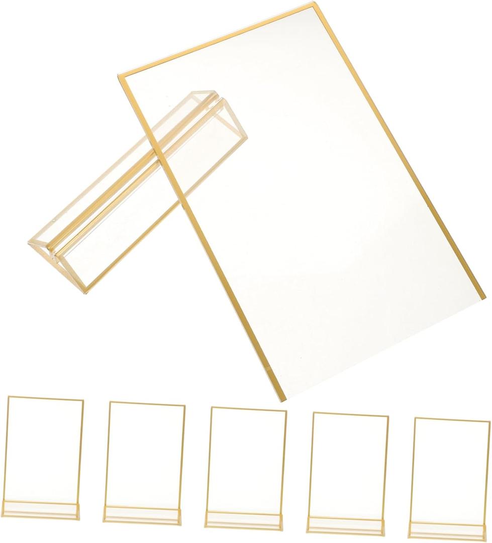 BRIGHTFUFU 6pcs Acrylic Gold-trimmed Tabletop Sign Holders for Weddings Restaurants and Events Double-sided Menu Display Stands for Price Tags Photos and Advertisements