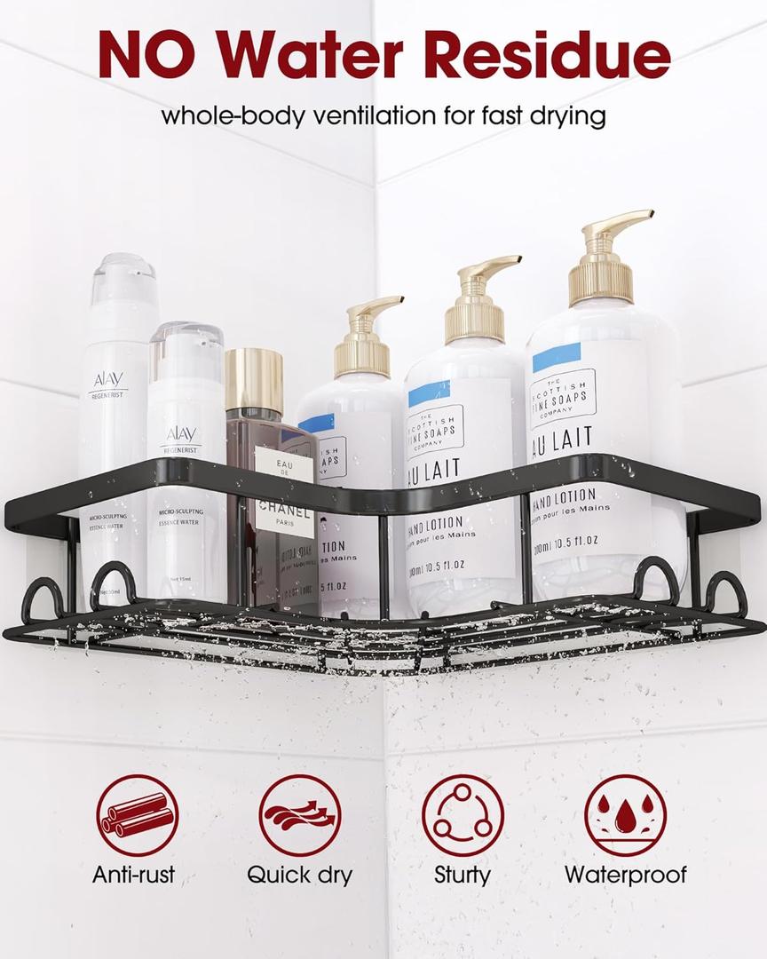 Corner Shower Caddy - 1 Pack, Adhesive Shower Organizers, Rustproof Stainless Steel Shower Shelves with 8 Hooks, No Drilling Bathroom Organizers and Storage Racks, Space-Saving, Black,Medium