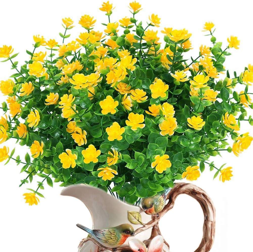 8 Bundles Artificial Flowers Outdoor Fake Mums UV Resistant Plastic Flowers Faux Plants Indoor Outside Garden Porch Patio Window Box Wedding Home Décor (Yellow/8pcs)