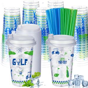 Remerry 25 Sets Golf Party Cups with Lids and Straws - 17 Oz Plastic Blue and Green Clear Cups Bulk for Birthday Party Baby Shower Theme Events Decorations Supplies