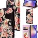 UEEBAI Wallet Case for Samsung Galaxy S25 Plus 5G, Leather Phone Wallet Kickstand RFID Blocking Flip Case Card Slots Wrist Strap Relief Engraved Pattern Magnetic Closure Flower Cover, Black Rose