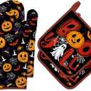 Halloween Pumpkin Oven Mitts and Pot Holders Sets 4Pcs, 100% Cotton Heat Resistant, Extra Long Oven Gloves Potholder for Kitchen Cooking Baking Decoration