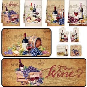 Fourluoo 10 Pcs Wine Kitchen Dish Towels Rugs Oven Mitts and Pot Holders Set Farmhouse Kitchen Decor Set for Women Mom Daughter Gift Cooking Baking Grilling (Rustic Color)