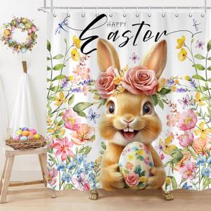 Spring Easter Bunny Shower Curtain, Happy Easter with Cute Rabbit Eggs Flower Shower Curtain for Bathroom, Colorful Floral Animal Farmhouse Spring Holiday Bath Curtain with Hooks, 69X70IN