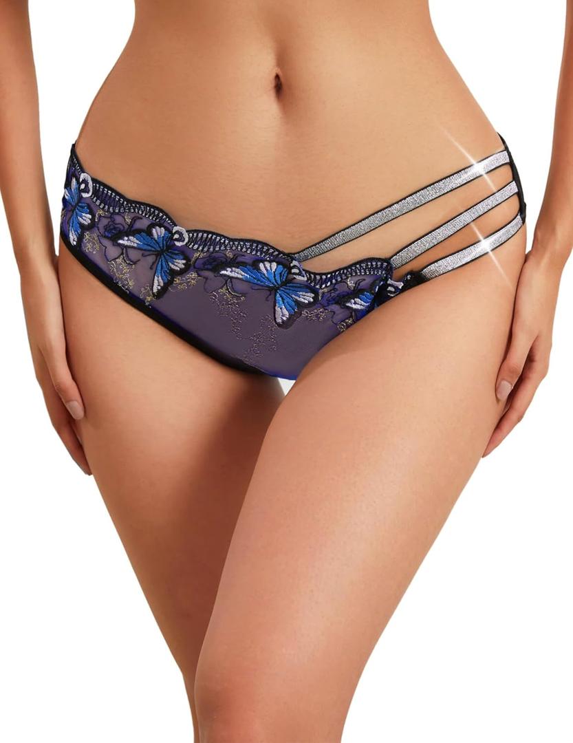 Womens Sexy Panties Butterfly Flower Embroidered Underwear Mesh Panties Glitter Waist Band Panty Pack S