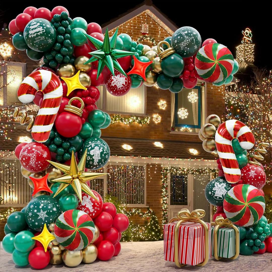 182 PCS Christmas Balloon Garland Arch Kit, Xmas Gingerbread Holiday Balloon Arch Kit Decorations Balloons Christmas Party Garland Balloons Candy Cane Swirl Balloon Arch Kit
