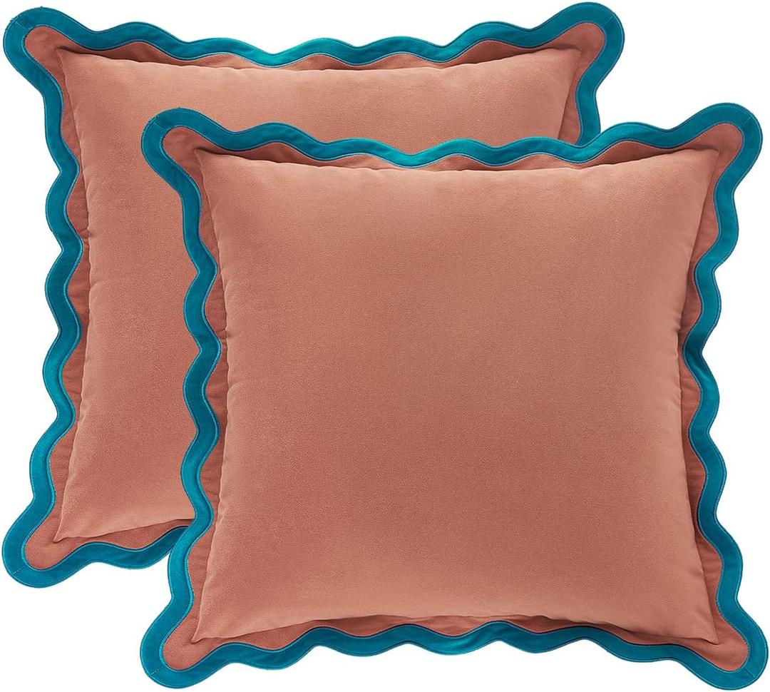 MONDAY MOOSE Decorative Throw Pillow Covers Cushion Cases, Set of 2 Soft Velvet Scalloped Wavy Edge Designs, Mix and Match for Home Decor, Pillow Inserts Not Included (Teal/Pink, 16x16 inch)