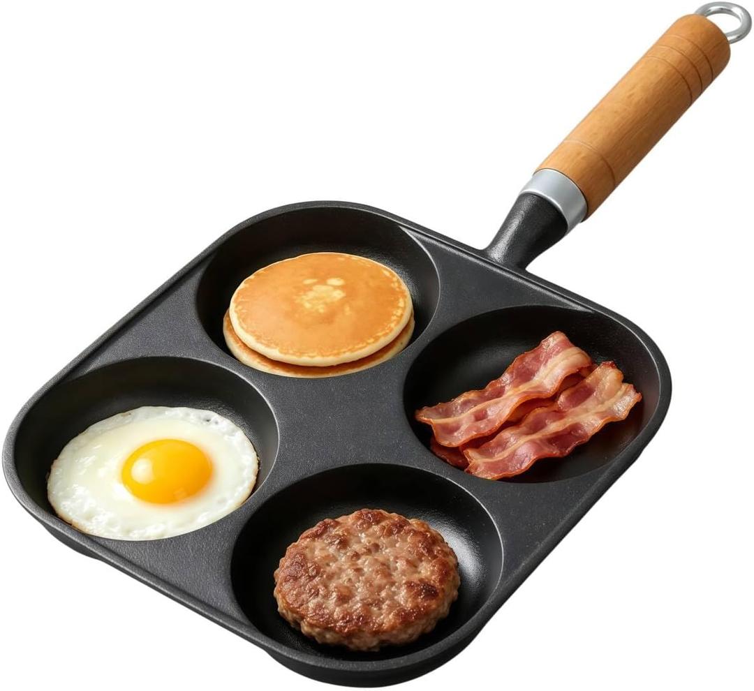 Cast Iron Egg Frying Pan 4 Hole, Omelette Pancake Pan, Fast Breakfast Pan for Eggs Pancakes Plett Crepes, Suitable for Gas Stove & Induction Cookware, Naturally Nonstick with Seasoning, 7.5inch