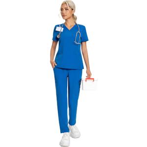 Scrubs for Women Set V-Neck Top & Straight Leg Pants 12 Pockets for Nurses & Healthcare Workers (Blue, M)