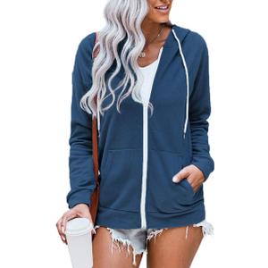 WROLEM Women Casual Full Zip Up Hoodie Comfy Loose Long Sleeve Sweatshirt Solid Color Jacket with Pockets (XX-Large, Navy)