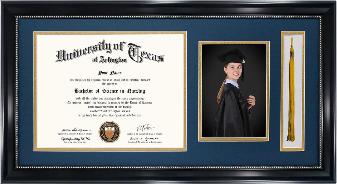 GraduationMall 11x22 Black Diploma Frame with Tassel Holder and Picture for 8.5x11 Certificate 5x7 Photo,Real Glass,Navy over Gold Mat