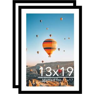 JCJMY 13x19 Picture Frame Set of 2 with 11x17 Mat, Black 13 x 19 Poster Frames with Shatter Resistant Plexiglass, Display 11 x 17 with Mat or 13 by 19 Without Mat, Sturdy Wall Hanging Frames