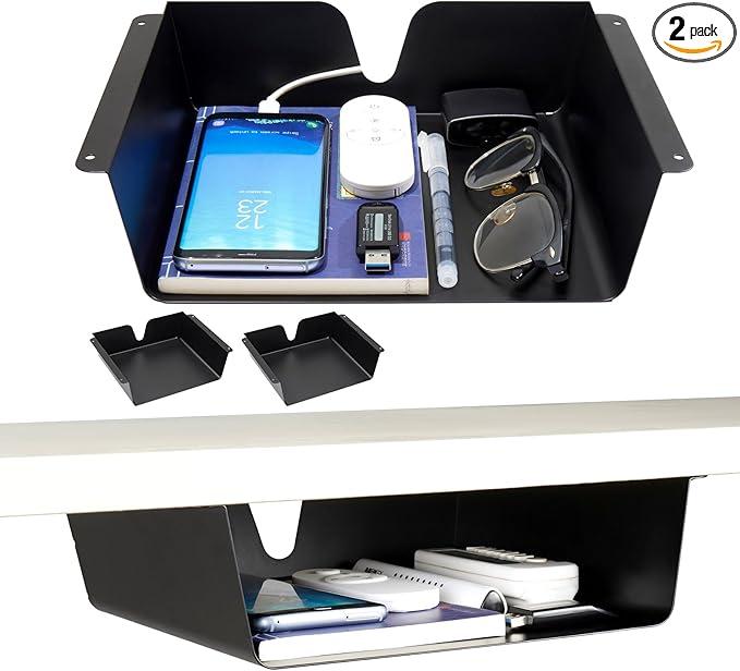 KHAMAL Under Desk Storage Shelf 2 Pack- Under Desk Drawer With Built-in Cable Management For Home, Office, Gaming Setups, Kitchen (Black), Size 11 in x 9 in