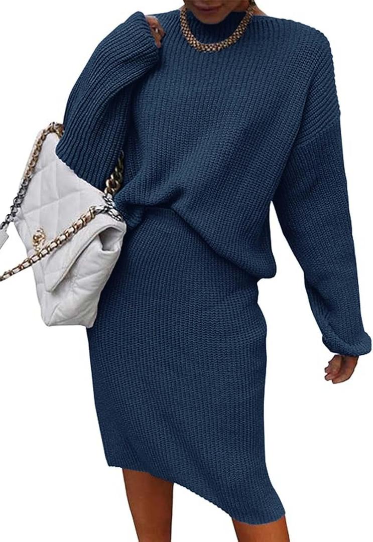 Women 2 Piece Knit Sweater Skirt Set Midi Sweater Dress Long Sleeve Pullover Bodycon Knitted Skirt Set Outfit (Small, Sea Blue)