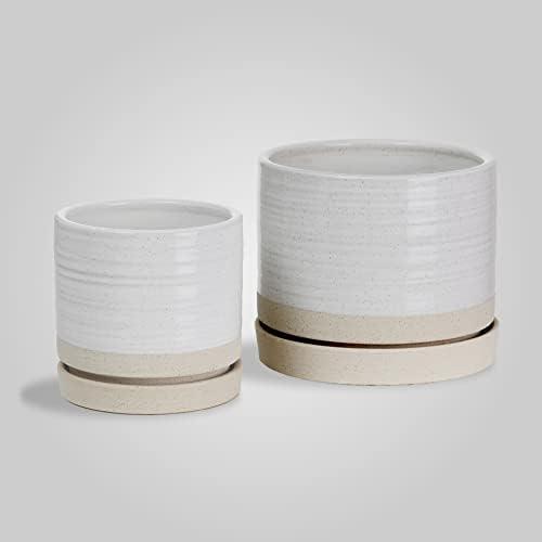 8 Inch Plant Pots, Ceramic Planter Pot with Drainage Hole & Saucer, Indoor/Outdoor Cylinder Round Planter Pot, Cream & Beige