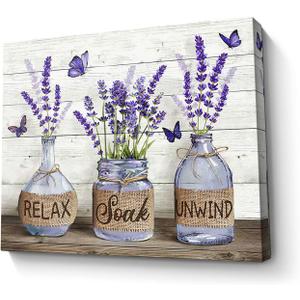 Parylore Farmhouse Bathroom Decor Wall Art Purple Lavender Picture Wall Decor Rustic Lavender In Mason Jar Painting Framed Modern Artwork For Living Room Bedroom Bathroom Office Home Decor 16x20 In