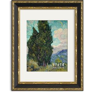 Yaetm 11x14 Vintage Picture Frame, Ornate Antique Gold 11x14 Frame with Real Glass, 1.4-inch Wide Molding, White Mat for 8x10 Photo - Portrait/Landscape, Wall Mount (Black/Gold, Single)