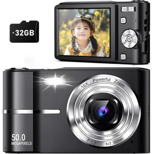 Upgrade Digital Camera - 50MP Full HD 1080P with 16x Zoom, Anti-Shake, Compact for Kids - 32GB SD Card, 2 Batteries - Black