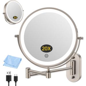 FUNTOUCH 3X/20X Wall Mounted Lighted Makeup Mirror,5000mAh Rechargeable Double Sided Magnifying Bathroom Mirror with Lights,3 Color Lighting,Touch Dimmable,Extended Arm 360 Rotation Light up Mirrors