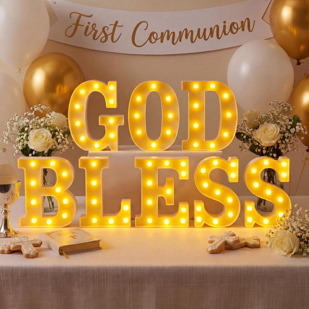 Honoson 8 Pcs First Communion Decorations God Bless Lights up Sign Table Lights Decorations for First Communion Christening Baptism Party Baby Shower Supplies