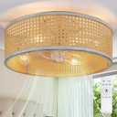 20" Boho Rattan Fandelier, Flush Mount Caged Ceiling Fan with Light & Remote Control, Drum Shade, 6 Speed/Timer/3 CCT//Bladeless/Quiet Motor/Low Profile, for Bedroom Living Room Kitchen (Old Oak Color & Rattan)
