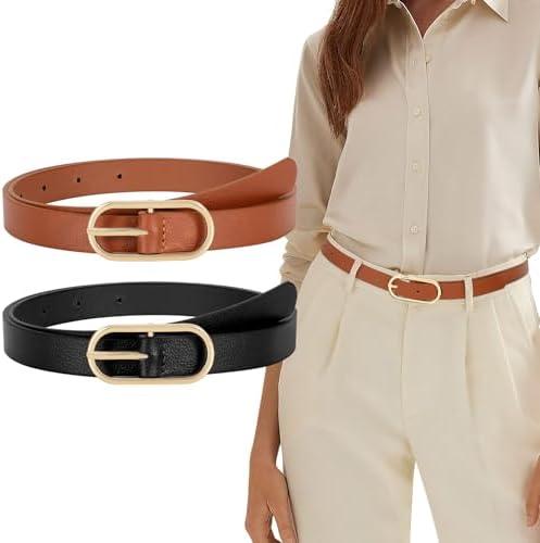 XZQTIVE 2 Pack Women's Skinny Leather Belt Thin Belt for Women with Gold Buckle Plus Size Waist Belt for Jeans Dresses Pants, Set of 2