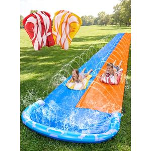 JOYIN 32.5FT Water Slide and 2 Inflatable Boards, Extra Long Double Lawn Heavy Duty Splash Mat Pad with Sprinkler for Kids Adults Backyard Summer Water Toy Outdoor Fun, Blue, Orange