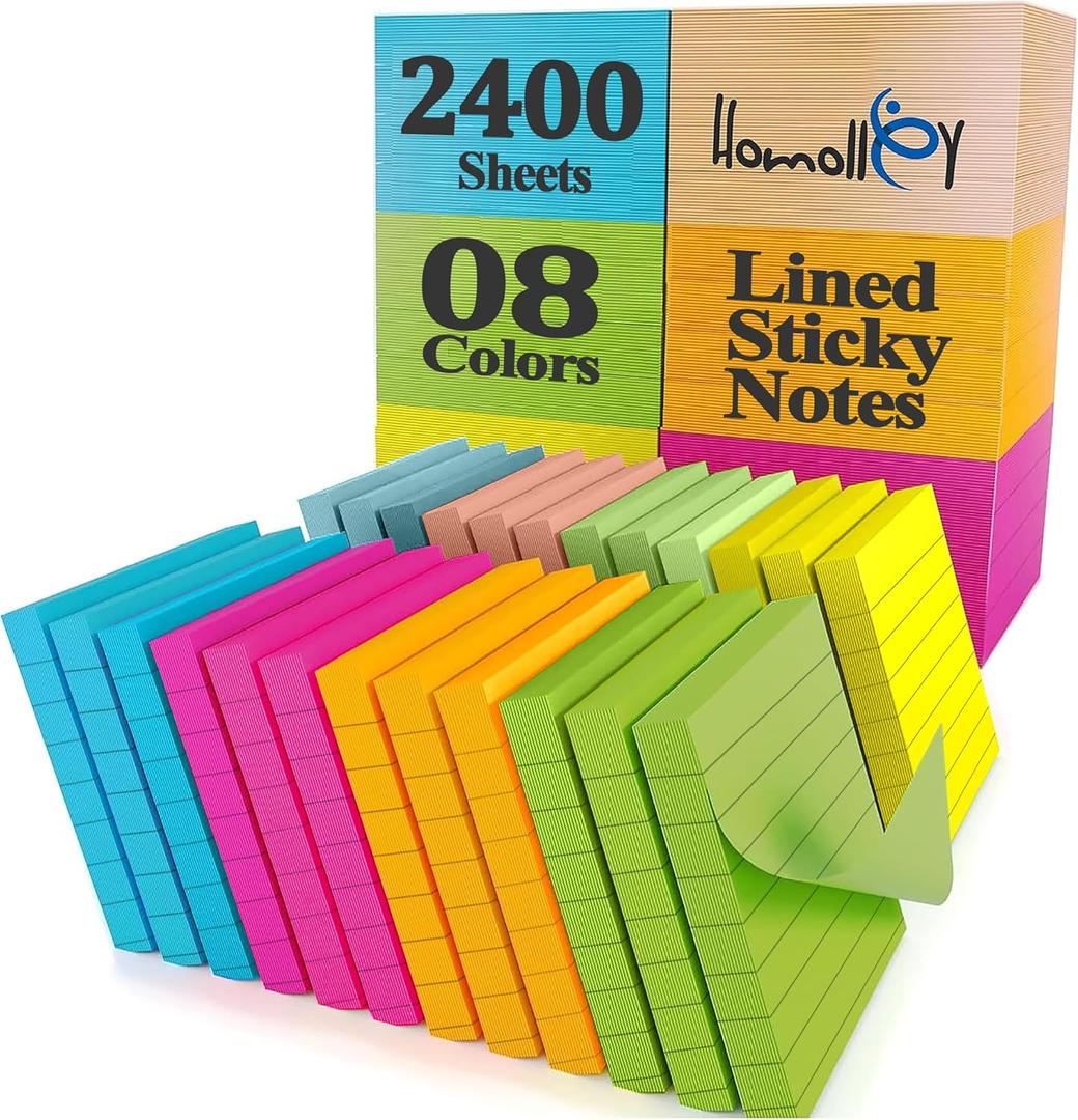 Lined Sticky Notes 3x3 Inch (24-Pack) 2400 Sheets,100 Sheets per pad, Super Adhesive Ruled Sticky Note Pads in 8 Vibrant Colors for Office, School & Home Use