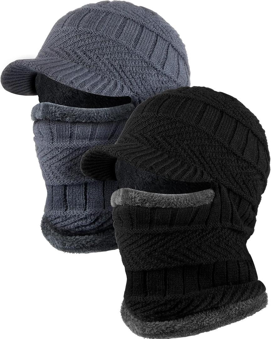 Syhood 2/3 Pcs Winter Knitted Balaclava Hat Warm Cycling Ski Mask Face Covering Hat Neck Gaiter for Winter Outdoor Sports (Black, Gray)