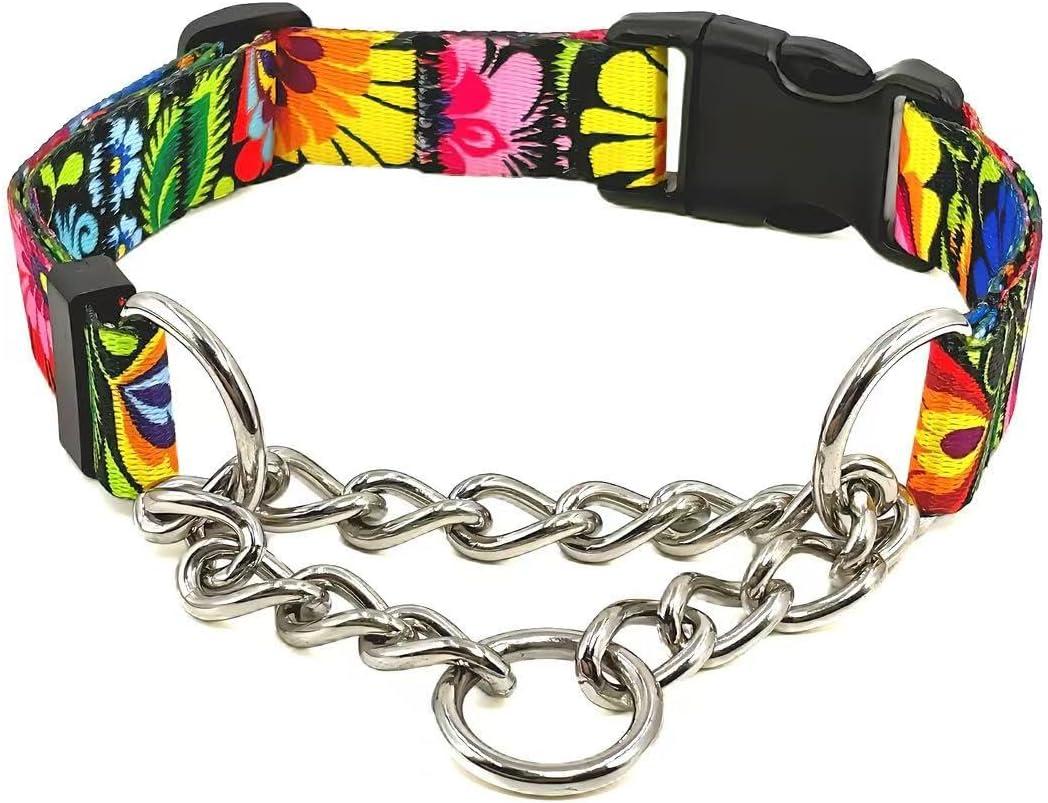 Martingale Dog Collar with Chain Stainless Steel, Nylon Dog Collar Flowers Pattern, Adjustable Training Walking Collar with Quick Release Buckle, Slip Chain Collar for Puppy Medium Large Dogs, lack