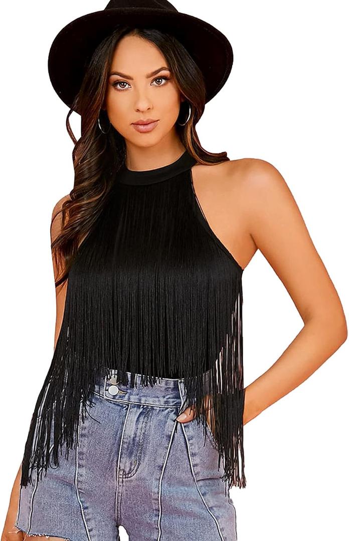 Verdusa Women's Fringe Trim Sleeveless Bodycon Halter Bodysuit Top (XX-Large, Black)